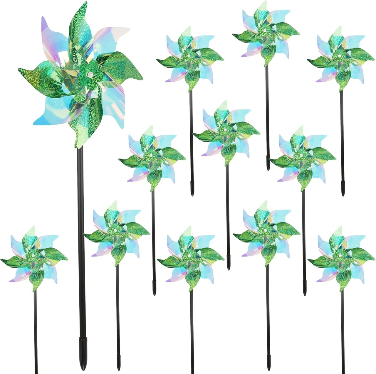 12 Pcs Spring Reflective Pinwheels Outdoor, Wind Spinners for Yard & Garden, Sparkly Bird Repellent Windmill Scare Birds Away, Deterrent Devices for Outside Patio Lawn Spring Decor (Green)
